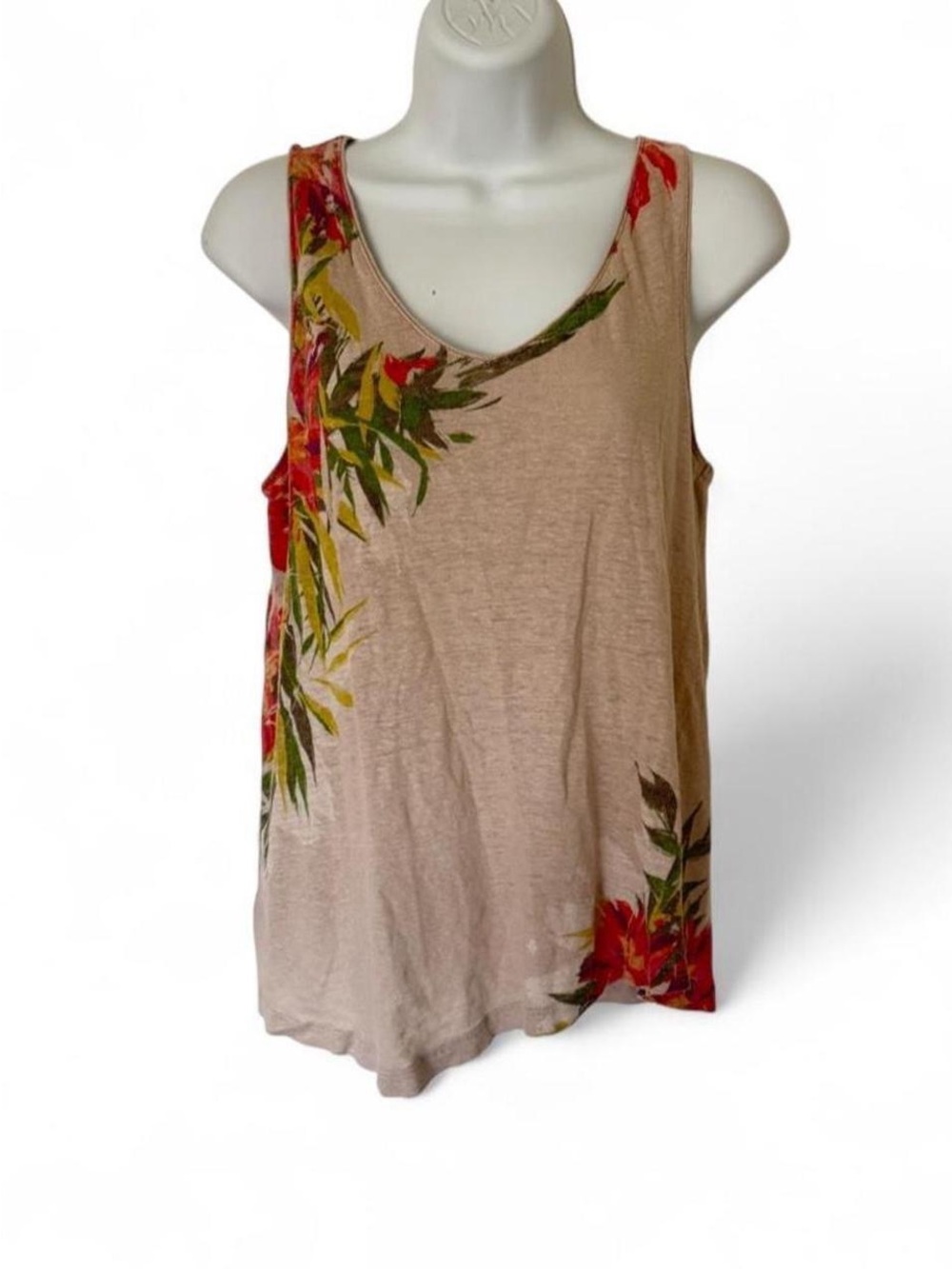 J. Jill Love Linen Tropical Floral Tank Top Sleeveless Blouse Beige Size S